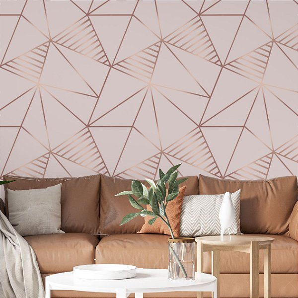 Papel de Parede Adesivo Vinil Zara Rosa Rosê Gold Triangulos Linhas Moderno Elegante Sala Quarto