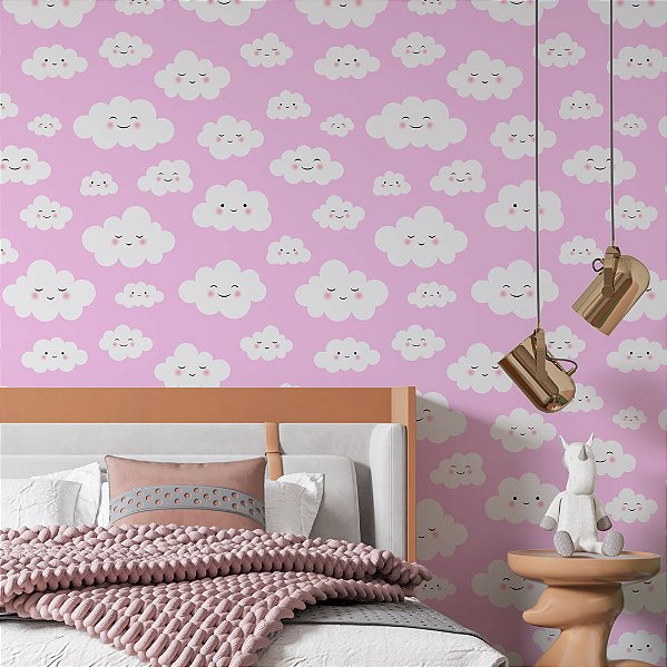 Papel de Parede Adesivo Vinil Bebê Nuvem Rosa Cute Fofo Quarto Infantil Menina