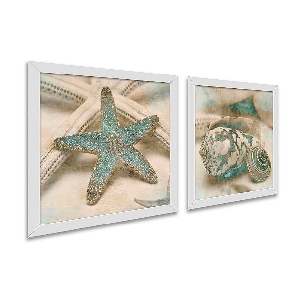Kit 2 Quadros Decorativos Quadrados Conchas Mar Praia Areia Estrela Pintura Azul 21cm x 21cm