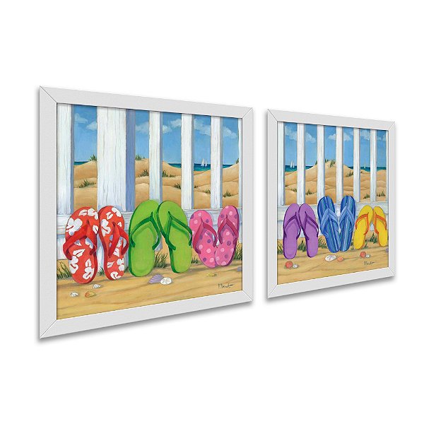 Kit 2 Quadros Decorativos Quadrado Praia Areia Chinelos Coloridos Pintura Divertido Moderno 21cm x 21cm