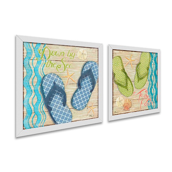 Kit 2 Quadros Decorativos Quadrado Pares de Chinelo Azul e Verde Madeira Praia Pintura Divertido Moderno 21cm x 21cm