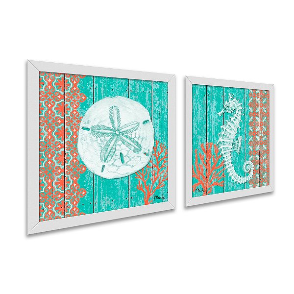 Kit 2 Quadros Decorativos Quadrado Azul Turquesa Cavalo Marinho Concha Mar Praia Vintage Pintura Madeira 21cm x 21cm