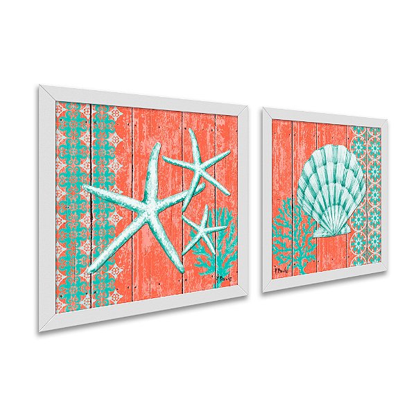 Kit 2 Quadros Decorativos Quadrado Vermelho e Turquesa Concha Estrela do Mar Praia Vintage Pintura Madeira 21cm x 21cm