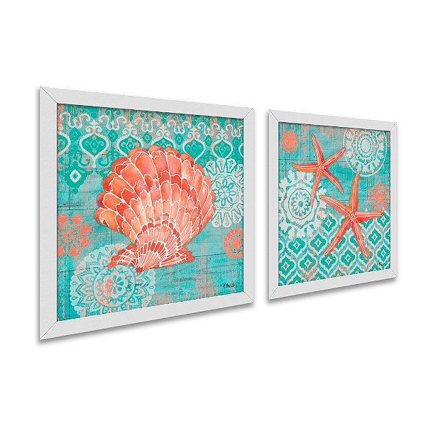 Kit 2 Quadros Decorativos Quadrado Turquesa e Vermelho Concha Estrelas Praia Vintage Pintura Madeira 21cm x 21cm