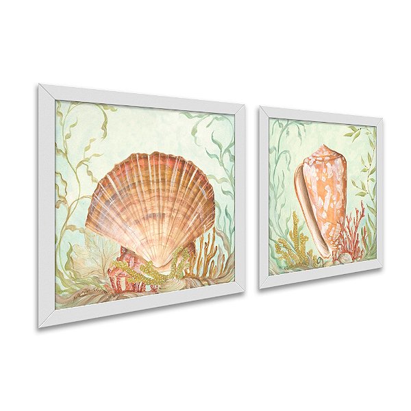 Kit 2 Quadros Decorativos Quadrado Elegante Concha Corais Fundo do Mar Sépia Vintage Pintura 21cm x 21cm