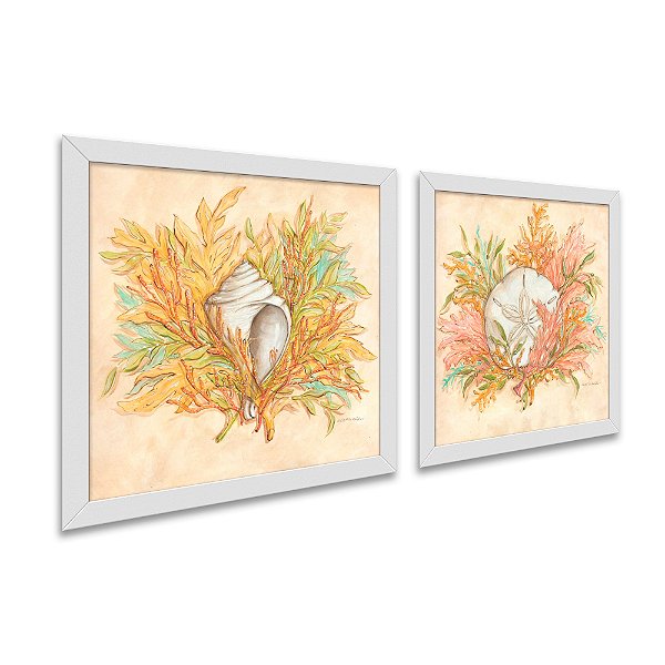 Kit 2 Quadros Decorativos Quadrado Sépia Bege Concha Corais Elegante Mar Praia Vintage Pintura Madeira 21cm x 21cm