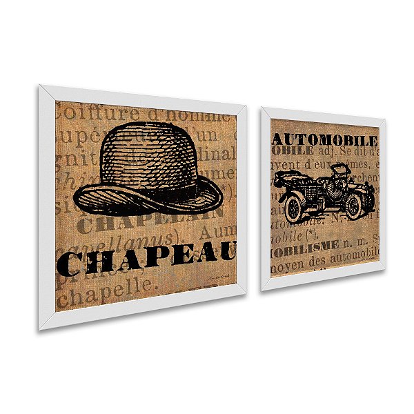 Kit 2 Quadros Decorativos Quadrado Sépia Marrom Bege Chapéu Carro Antigo Elegante Vintage Pintura 21cm x 21cm
