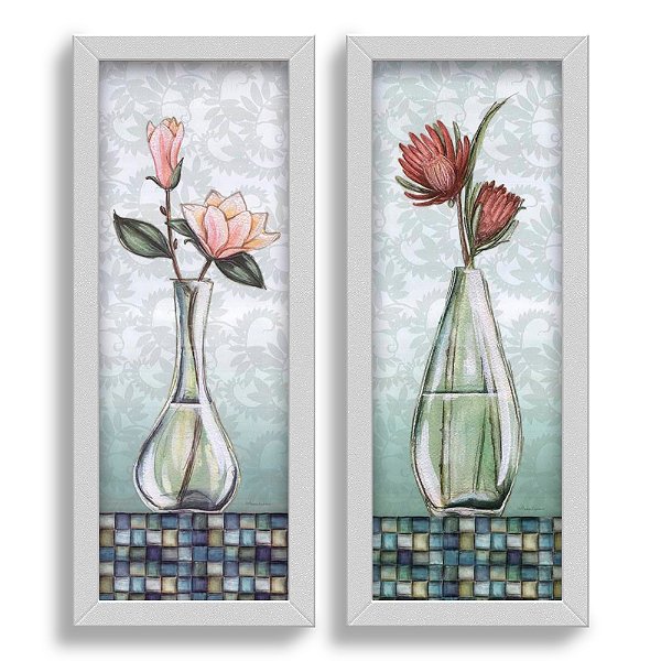 Kit 2 Quadros Decorativos Lavabo Banheiro Sala Cozinha Retro Vaso de Flores Rosa Pintura Premium Elegante
