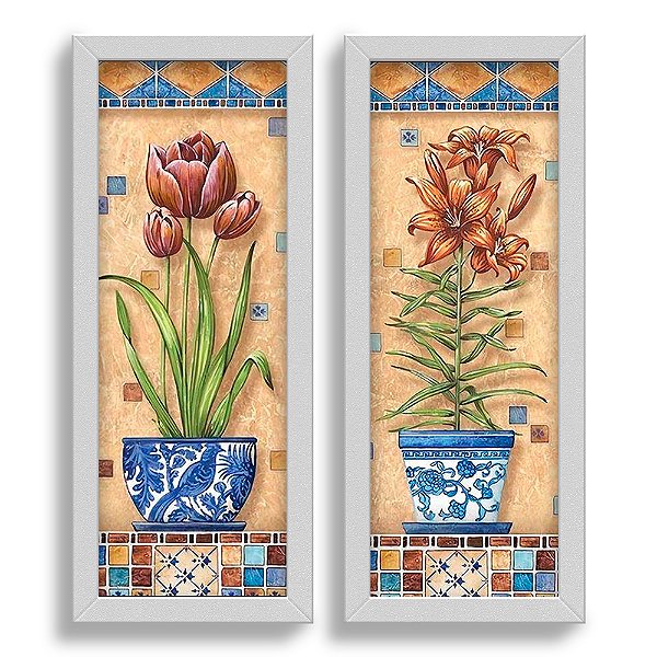 Kit 2 Quadros Decorativos Lavabo Banheiro Sala Cozinha Retro Vaso de Flores Vintage Bege Pintura Premium Elegante