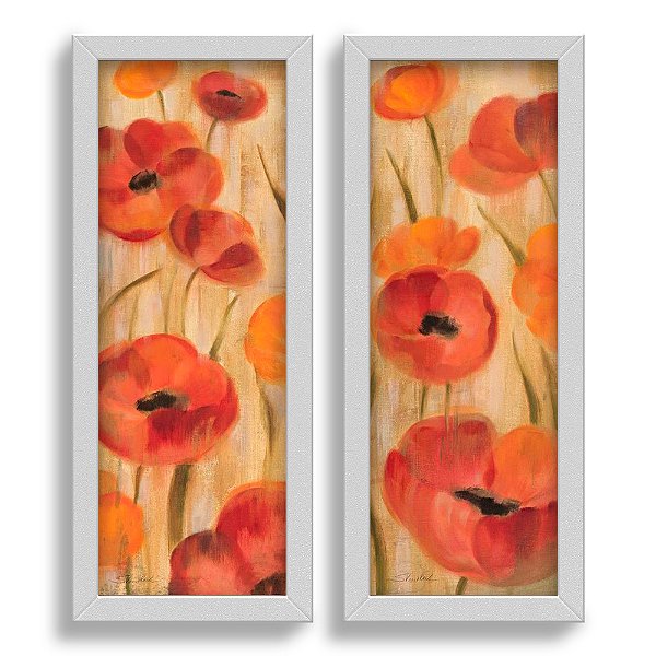Kit 2 Quadros Decorativos Lavabo Banheiro Retro Papoulas Vermelhas Flores Vintage Pintura Premium Elegante