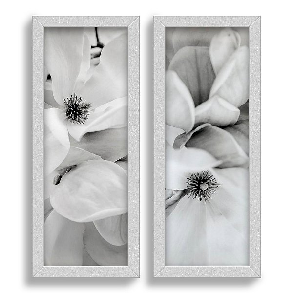Kit 2 Quadros Lavabo Lirio Branco Flor Cinza Floral Preto