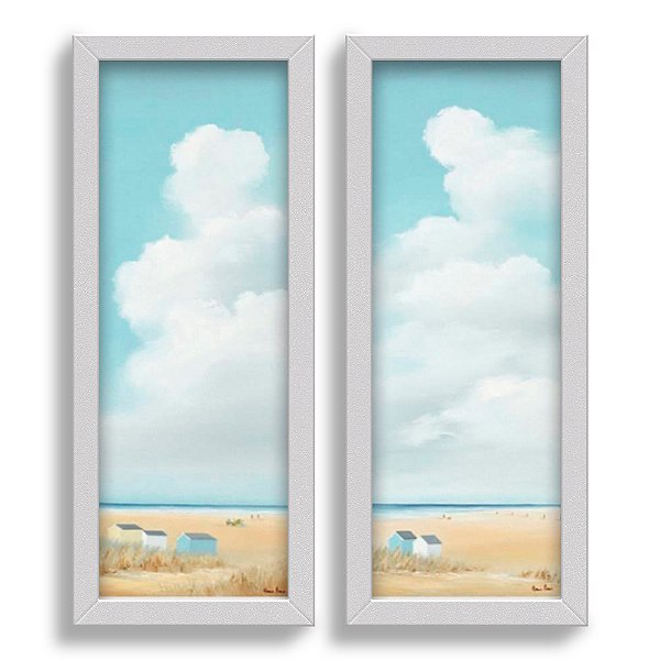 Kit 2 Quadros Lavabo Nuvens Praia Azul Casas Minimalista