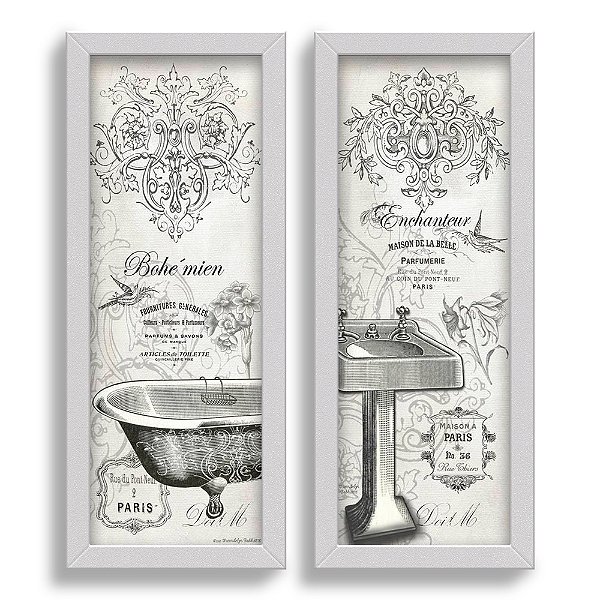 Kit 2 Quadros Lavabo Provençal Paris Cinza Pia Banheira Flor
