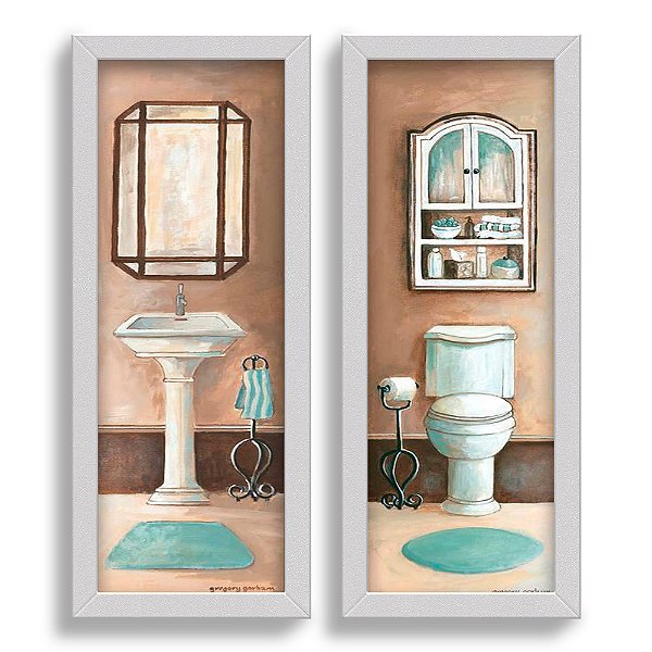 Kit 2 Quadros Lavabo Pia Água Vaso Verde Vintage Pintura