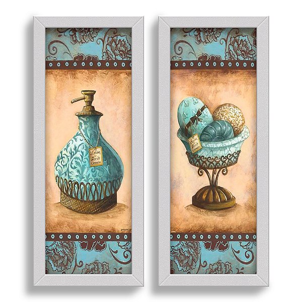Kit 2 Quadros Lavabo Perfume Azul Floral Provençal Sabonete