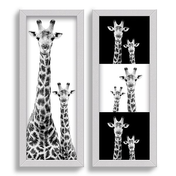 Kit 2 Quadros Lavabo Girafa Sala Branca Mãe Preta Filhote