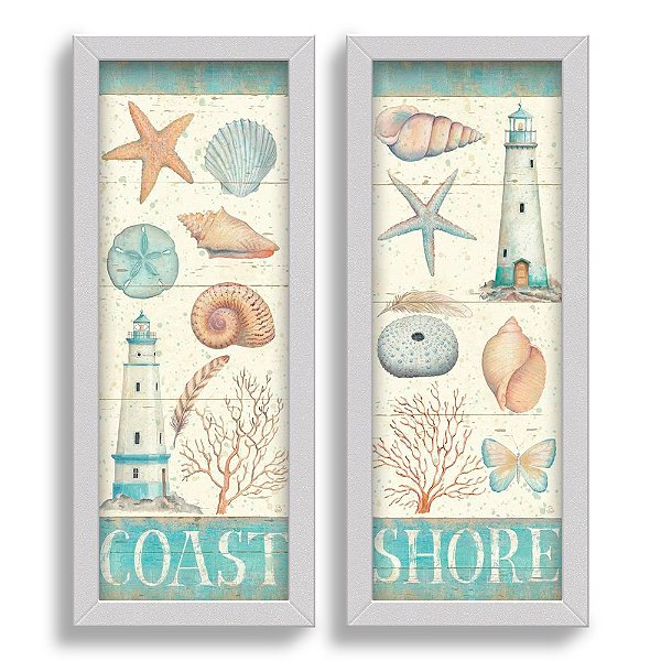 Kit 2 Quadros Lavabo Farol Coast Conchas Azul Shore Bege