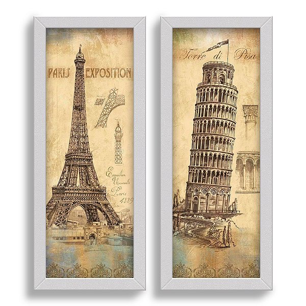 Kit 2 Quadros Lavabo Paris Roma Piza Vintage Torre Eiffel