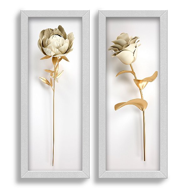 Kit 2 Quadros Lavabo Efeito Rosa Dourado Branco Peonia