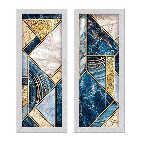 Kit 2 Quadros Lavabo Branco Dourado Mosaico Azul Geométrico