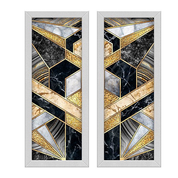 Kit 2 Quadros Lavabo Dourado Mármore Preto Cinza Sala Formas