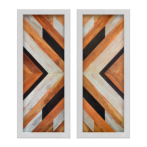 Kit 2 Quadros Lavabo Chevron Laranja Branco Listras Preto