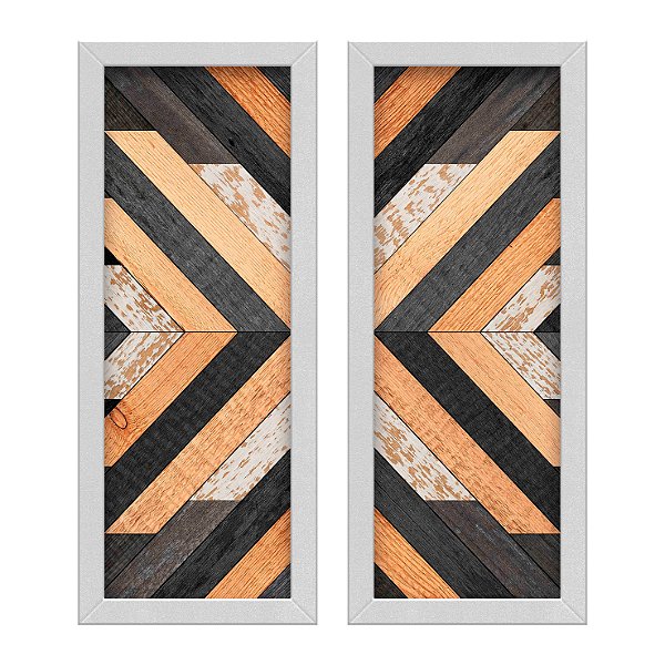 Kit 2 Quadros Lavabo Abstrato Cinza Chevron Preto Triângulo