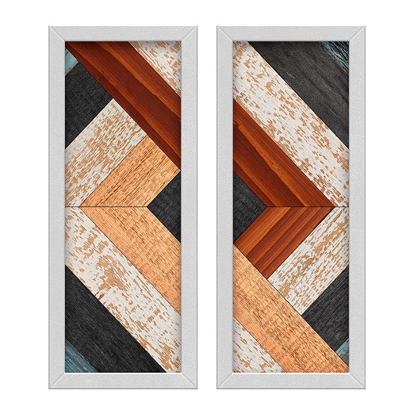 Kit 2 Quadros Lavabo Madeira Envelhecida Chevron Geométrico
