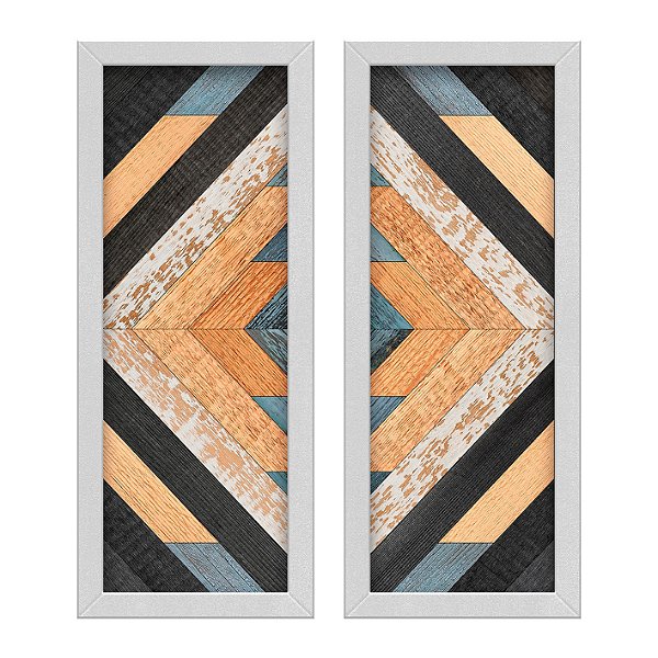 Kit 2 Quadros Lavabo Chevron Zag Zig Branco Sala Preto Cinza