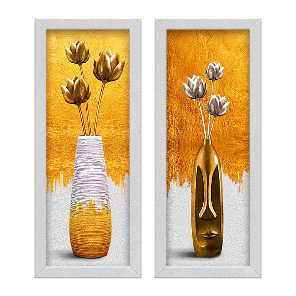 Kit 2 Quadros Lavabo Dourado Ouro Efeito Tulipa Vaso