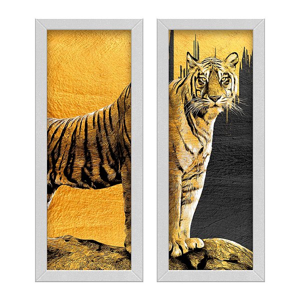 Kit 2 Quadros Lavabo Preto Textura Dourado Tigre Efeito Sala