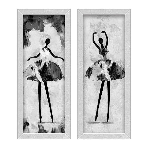 Kit 2 Quadros Lavabo Balé Branco Bailarina Abstrato Cinza