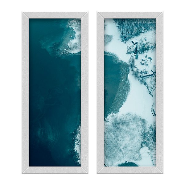 Kit 2 Quadros Lavabo Sala Vista Casas Verde Lago Neve