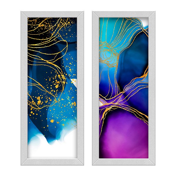 Kit 2 Quadros Lavabo Gold Amarelo Abstrato Linha Azul Roxo
