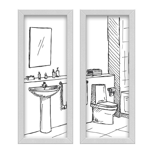 Kit 2 Quadros Lavabo Preto Desenho Banheiro Sketch Branco