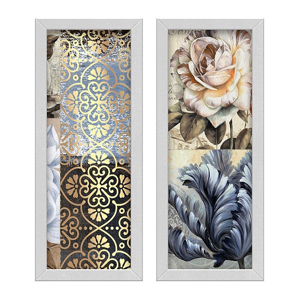 Kit 2 Quadros Lavabo Rosa Flor Pintura Efeito Quadro Gold Pronvençal