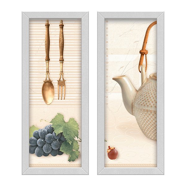 Kit 2 Quadros Lavabo Uva Bege Bule Dourado Chá Roxa
