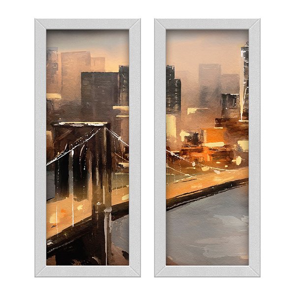 Kit 2 Quadros Lavabo Cidade Pintura Ponte Efeito Aquarela