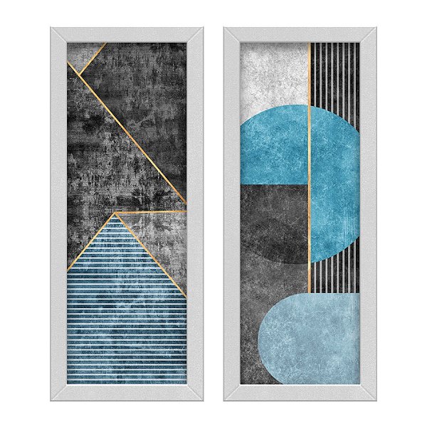 Kit 2 Quadros Lavabo Formas Listras Geométrico Azul Cinza