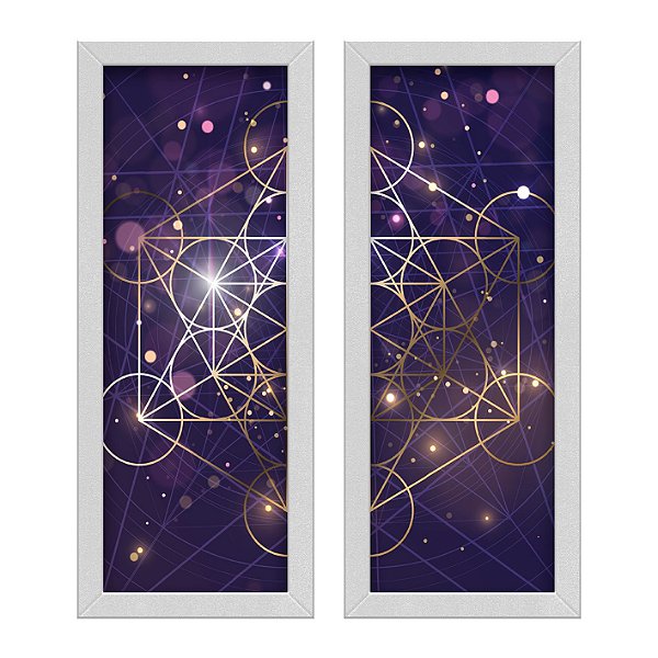 Kit 2 Quadros Lavabo Roxo Geometria Sagrada Mandala Gold