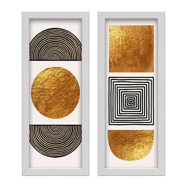 Kit 2 Quadros Lavabo Formas Gold Ouro Geométrico Linhas Sala