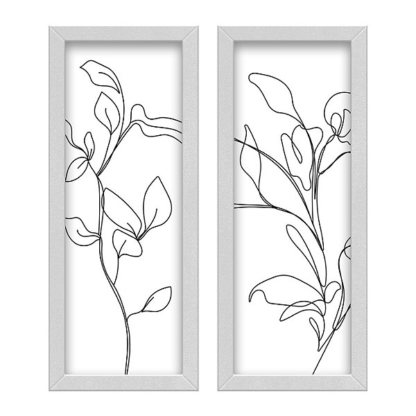 Kit 2 Quadros Lavabo Ramos Moderno Folhas Linha Abstrato