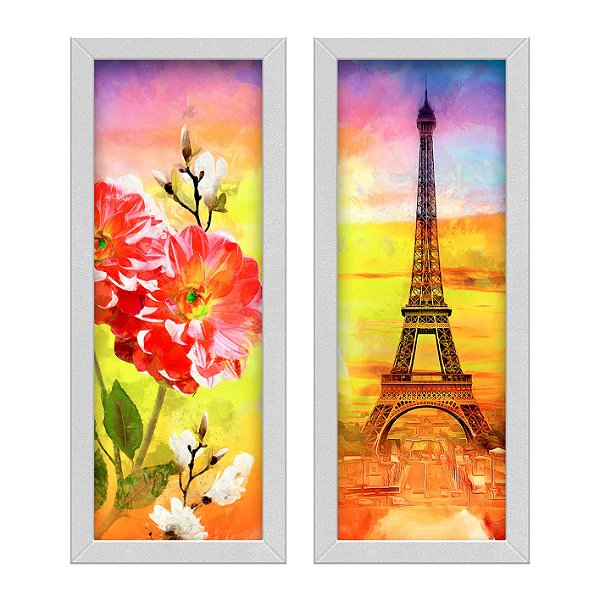 Kit 2 Quadros Lavabo Vermelho Floral França Paris Pintura