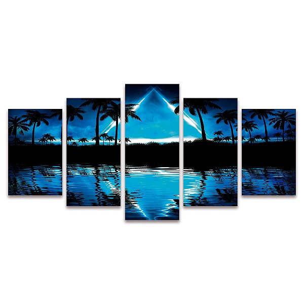 Kit Quadros Mosaico Lagoa Noturna Sala Quarto Paisagem
