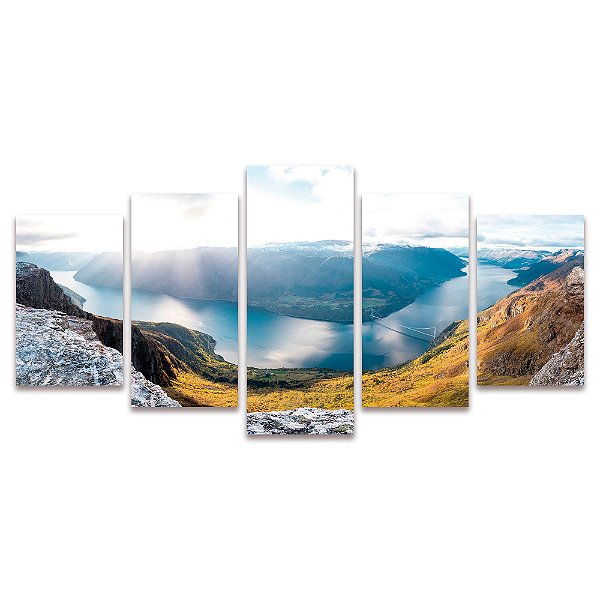 Kit Quadros Mosaico Montanha Rio Quarto Paisagem Sala