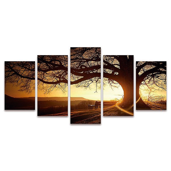 Kit Quadros Mosaico Sol Por Entardecer Arvore