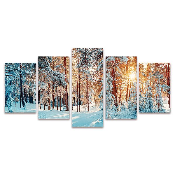 Kit Quadros Mosaico Sala Bosque Arvores Neve Inverno