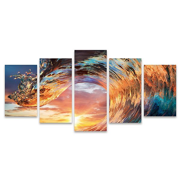 Kit Quadros Mosaico Sol Mar Entardecer Sala Onda
