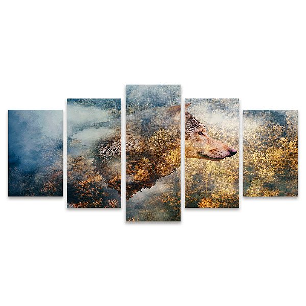 Kit Quadros Mosaico Quarto Sala Lobo Floresta