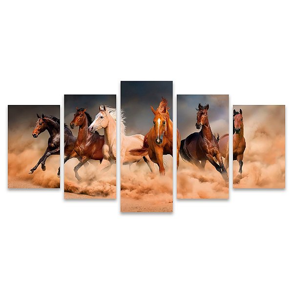 Kit Quadros Mosaico Galope Cavalos Sala Moderno